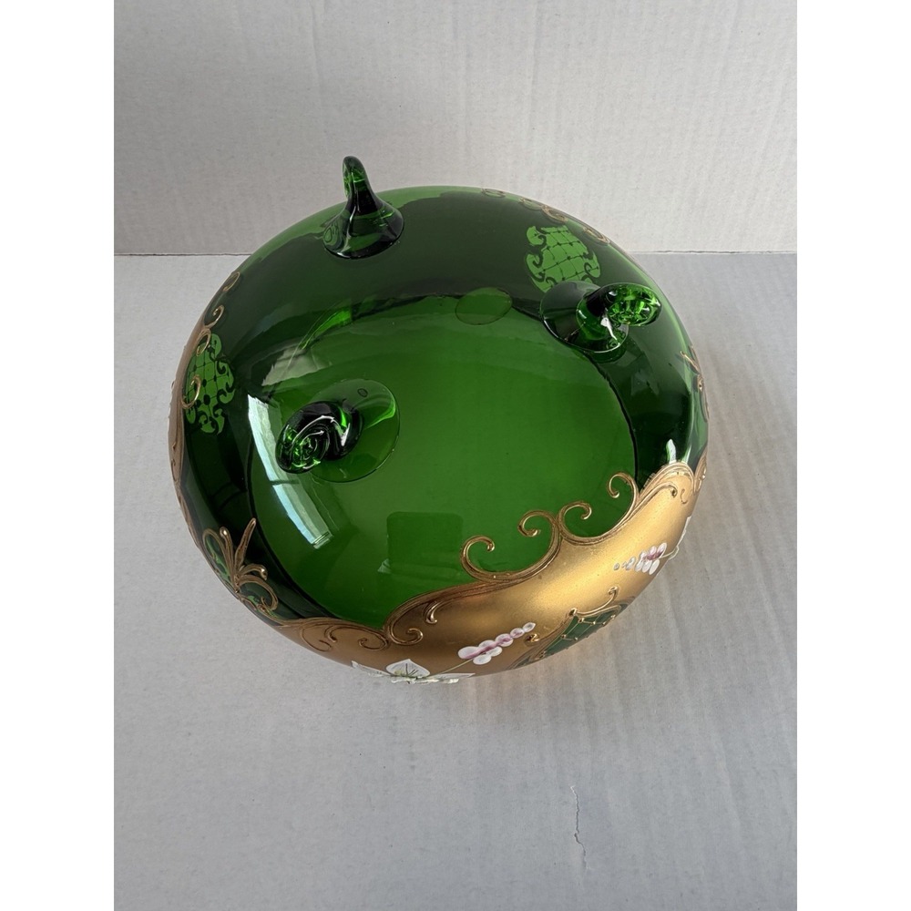 Czech Bohemian Gilded Gold Green Glass Bowl - Picture 9 of 12